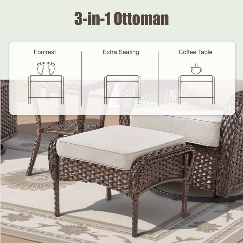 6 Piece Outdoor Wicker Furniture Sets,Patio All Weather Cushioned Conversation Sets with Swivel Rokcing Chairs, Ottomans and Sie Table for Backyard Porch Garden,Beige