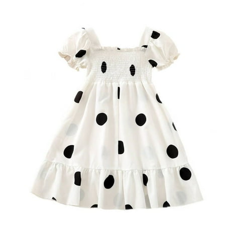 

4T Toddler Baby Girls Dress Square Neck Short Sleeve Wave Point Print Dress 1PCS Summer Dress 4-5T White