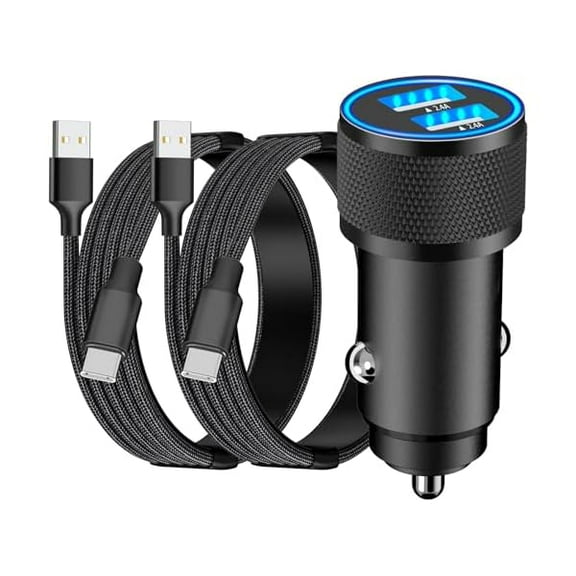 0829 iPhone 16 Car Charger Fast Charging, 4.8A USB-C Car Power Cigarette Lighter USB Car Charger Adapter with 2Pack Type-C Braided Cable for iPhone 16 Max/15 Pro/Galaxy S24/S23/Pixel