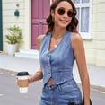 thumbnail image 6 of Women's Denim Vest Sleeveless Single-Breasted, V-Neck Jean Waistcoat for Casual Layering Blue L, 6 of 8