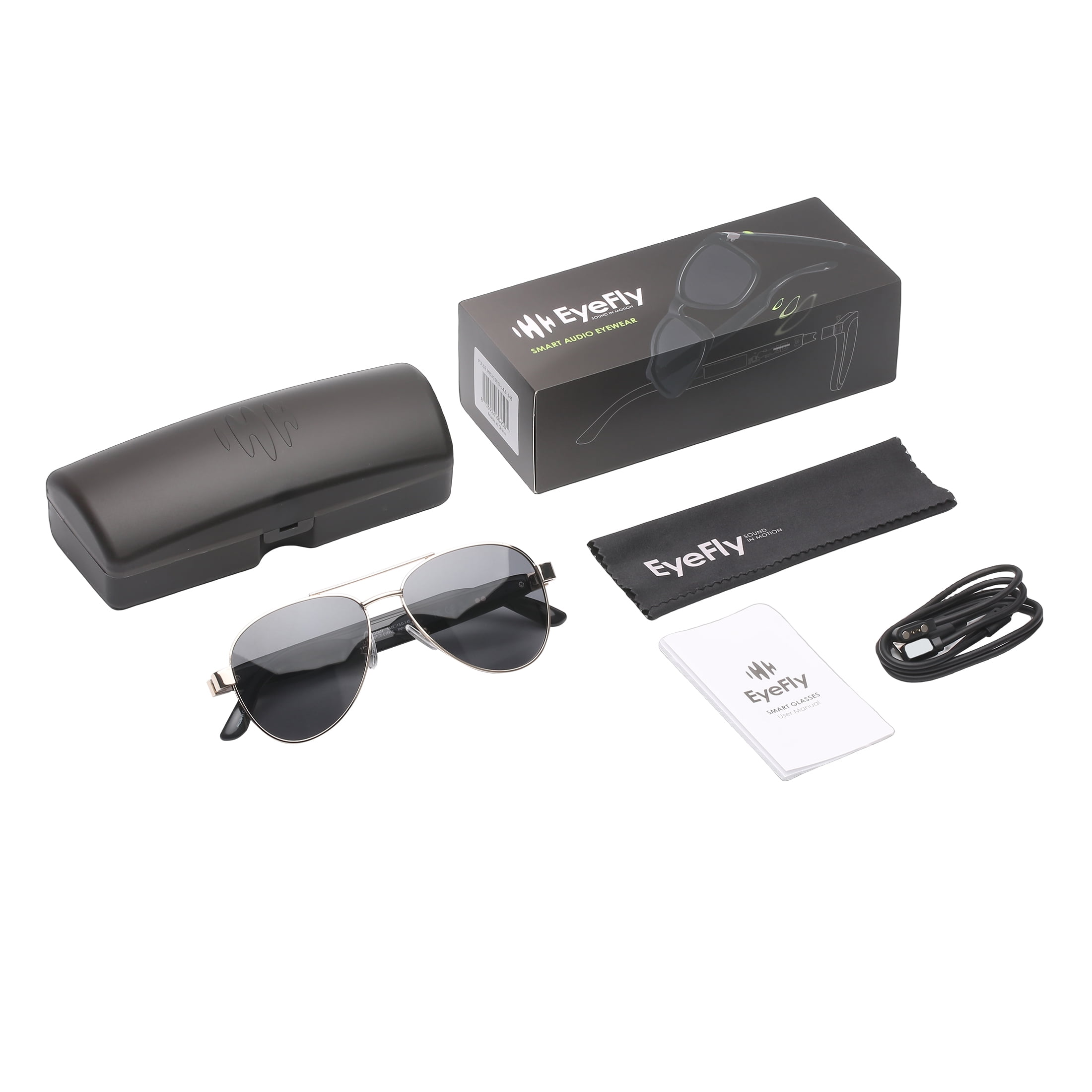 Eyefly Sonic Prescription Ready Bluetooth Rechargeable Unisex Sunglasses, Gold, Includes Case