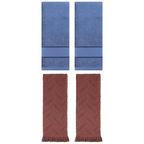 Unique Bargains Sold Striped Cotton Hand Towels 4 Pcs Light Blue/Brown 14" x 30"/13" x 29"