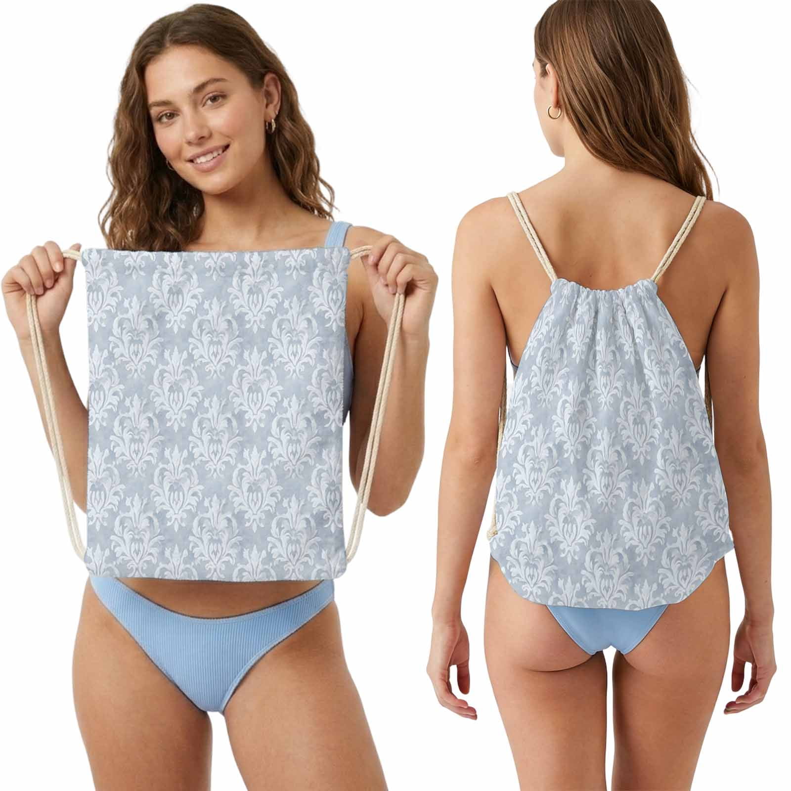 Beach Towel Backpack, Haze Blue Boho 2 in 1 Soft Absorbent Beach Blanket Travel Towels for Pool Swim Gym Picnic, Neutral Middle Century Turkish Pattern Portable Drawstring Bag Large 31.5x63 Inch