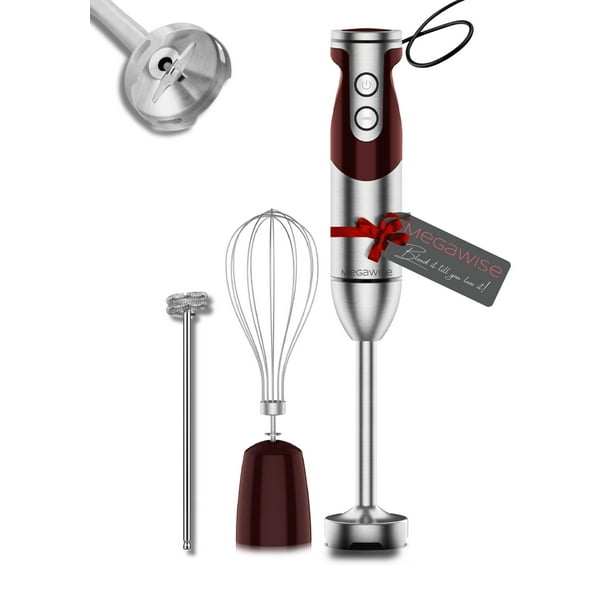 Batidora de mano de inmersión 3 en 1, potente motor y batidora de varilla de acero inoxidable, 4 cuchillas afiladas con batidor y accesorios para espumar leche