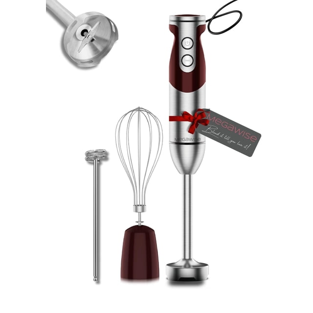 Batidora de mano de inmersión 3 en 1, potente motor y batidora de varilla de acero inoxidable, 4 cuchillas afiladas con batidor y accesorios para espumar leche