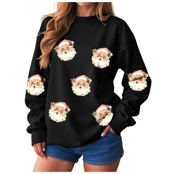 larppty Retro Santa Sweatshirt for Women Christmas Sweaters Crewneck Oversized Long Sleeve Tops Fashion Outfits (Black, M)