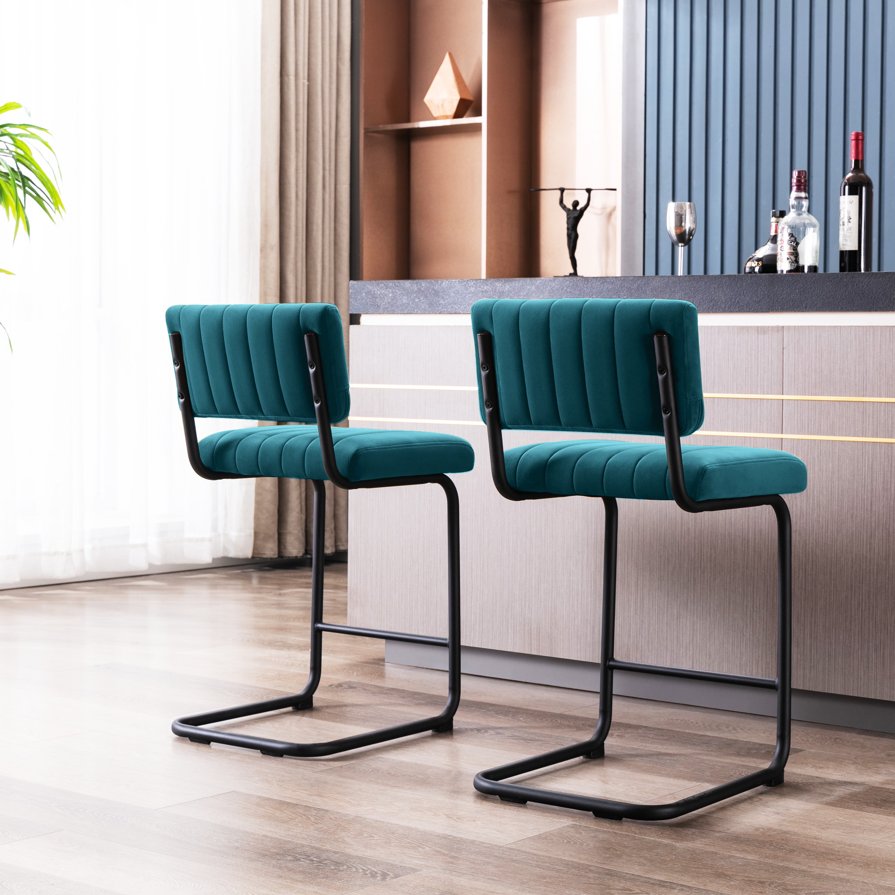 ONEVOG 24"H Counter Height Bar Stools Set of 2, Modern Velvet Upholstered Stool with Black Metal Legs for Kitchen Island, Teal
