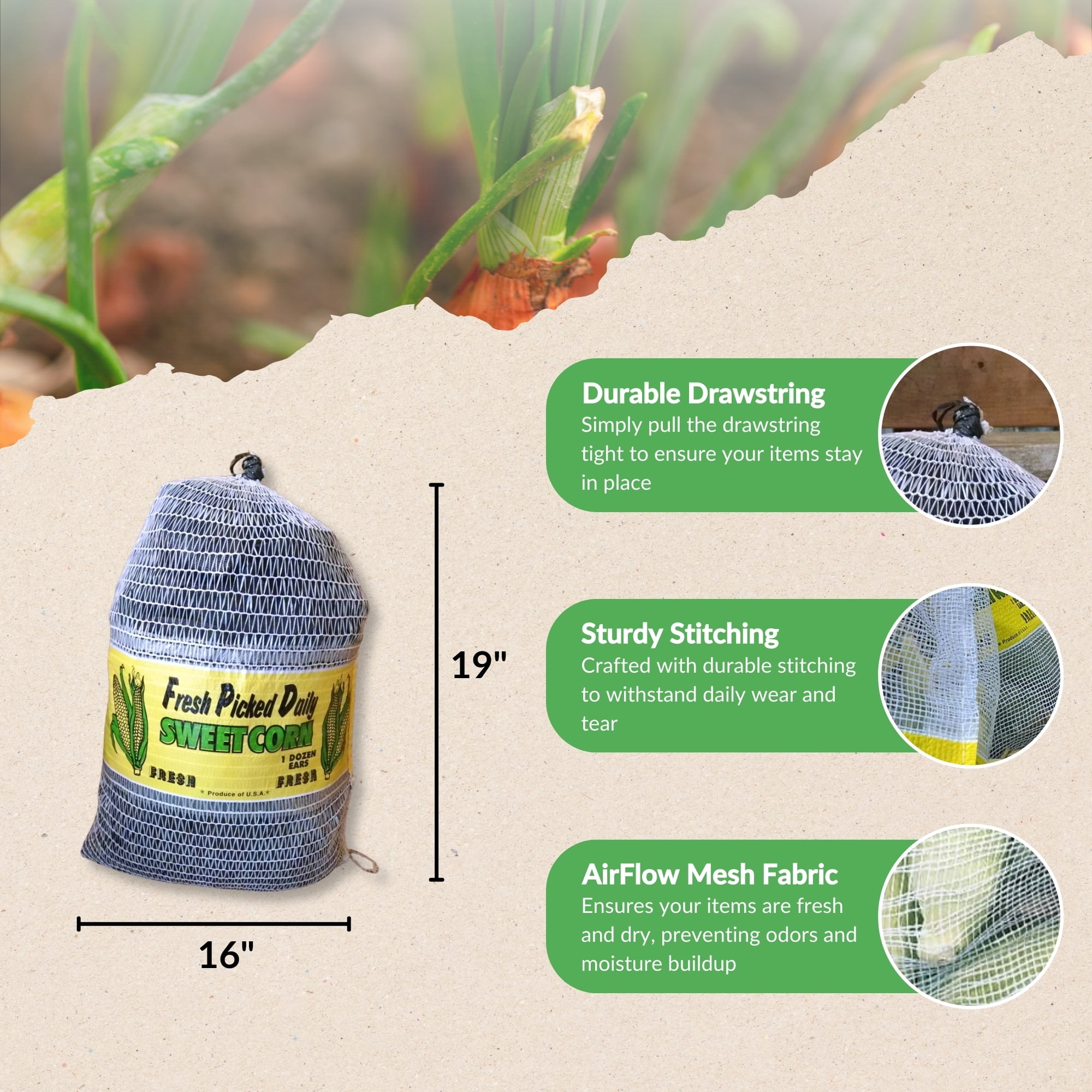 Mesh Corn Bags (12 Ear) - Cinch Closure for Easy Carry - White & Yellow - 16"x19" - 100 Ct