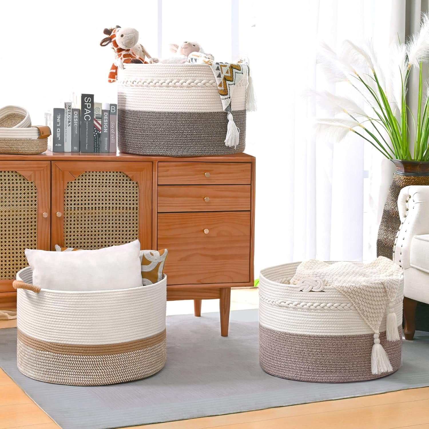 67L Large Blanket Basket, 20"x13" Woven Storage Baskets With Handle, Cotton Rope Blanket Basket Living Room, Baby Laundry hamper for Blanket, Nursery, Toy, Pillow (White & Grey)