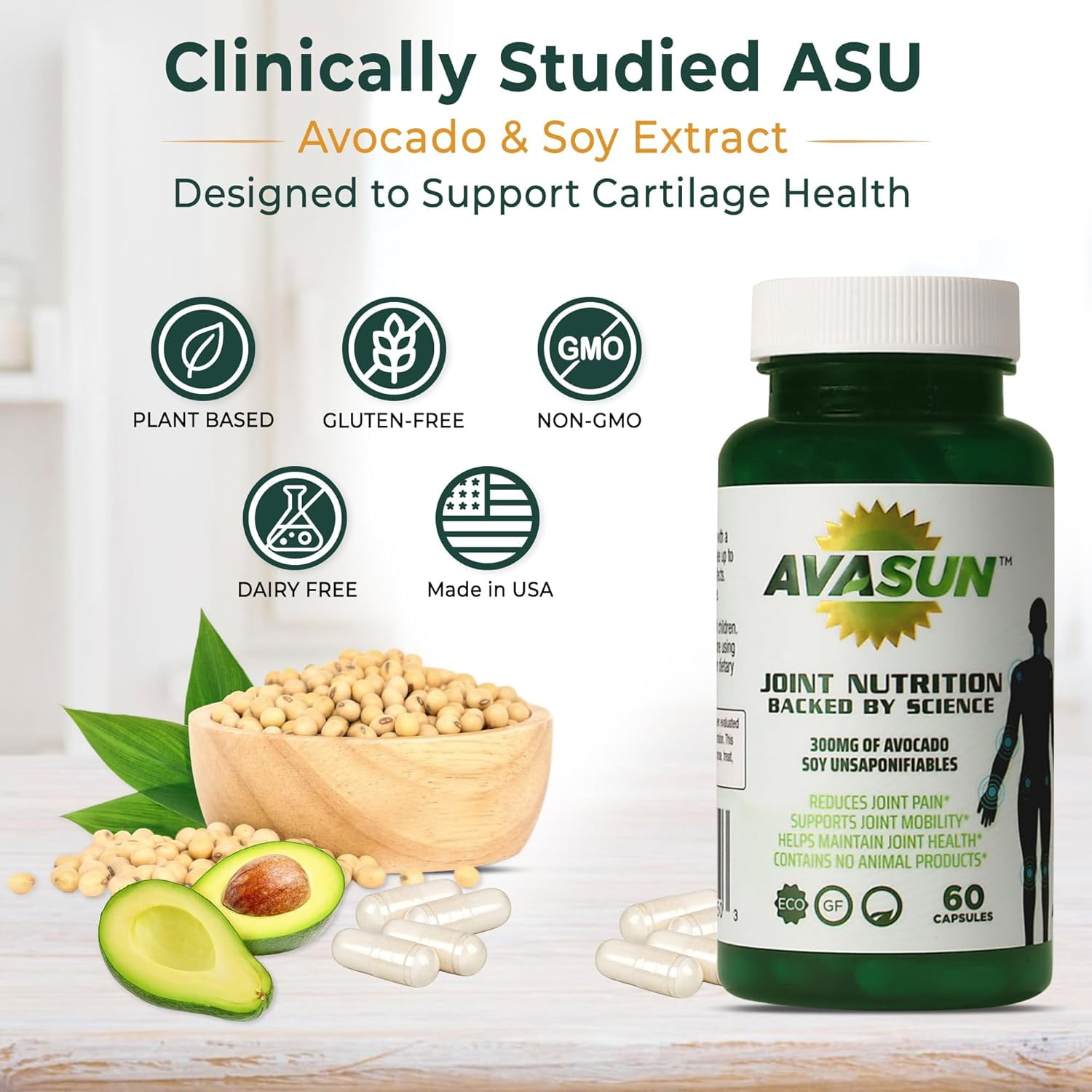 AvaSun Joint Health Support Supplement, Backed by Science, Avocado Soy Unsaponifiable, 300Mg ASU, Plant Based, Dairy Free, Gluten Free, Non-GMO, 60 Daily Capsules per Bottle (12 Month Supply)