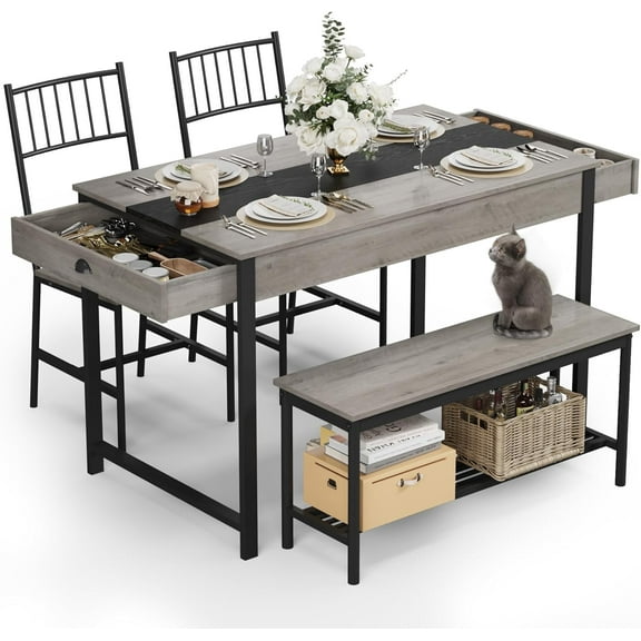 4piece Rectangular Dining Table Set for 4, with 2 Chairs for with 1 Bench, with Storage Rack & Drawers, For small space