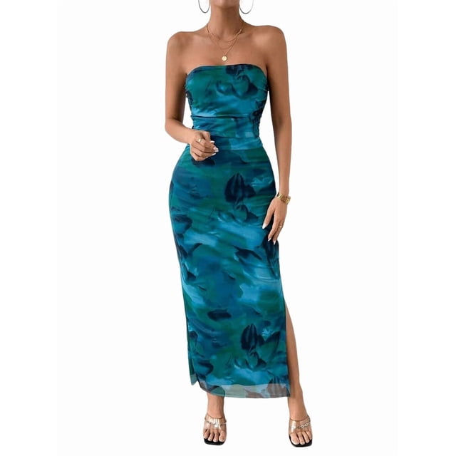 Women'S Summer Dress Printed Strapless Tube Bodycon Maxi Side Slit Mesh Layered Blue XS