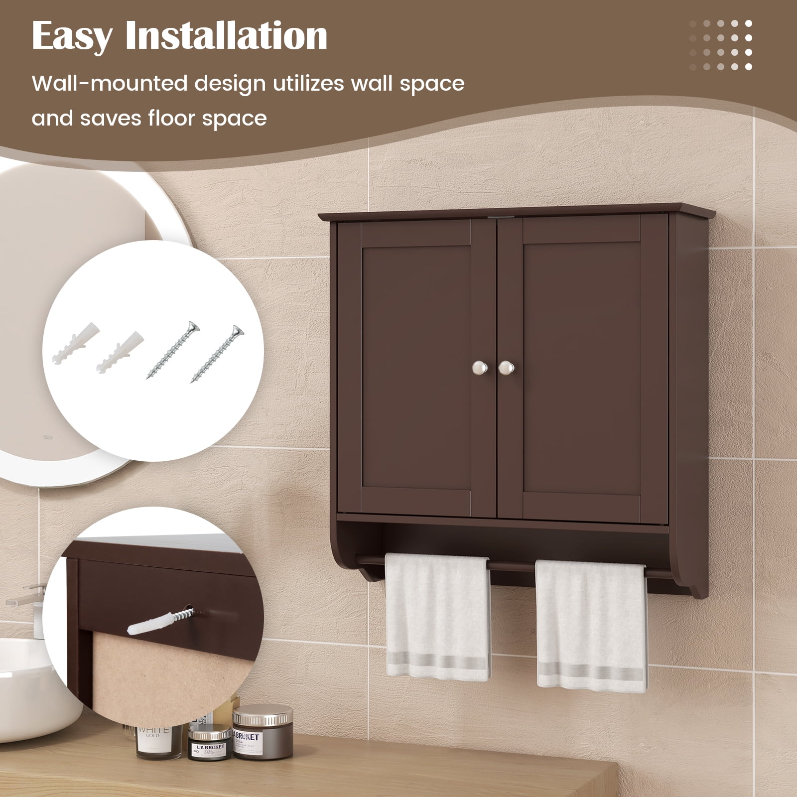 Giantex  Bathroom Cabinet Wall Mounted, Over The Toilet Storage Cabinet, Medicine Cabinet w/Towel Bar, Brown