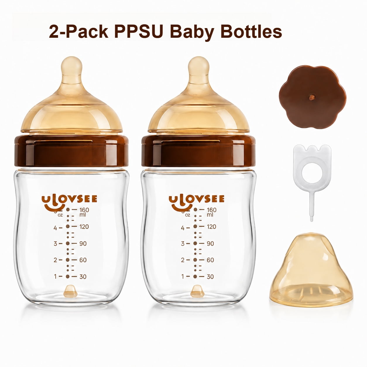 PPSU Baby Bottles, 2 Pack, Infant Feeding Bottles with Breast-Like Silicone Nipples and Air Vents, Multiple Sizes
