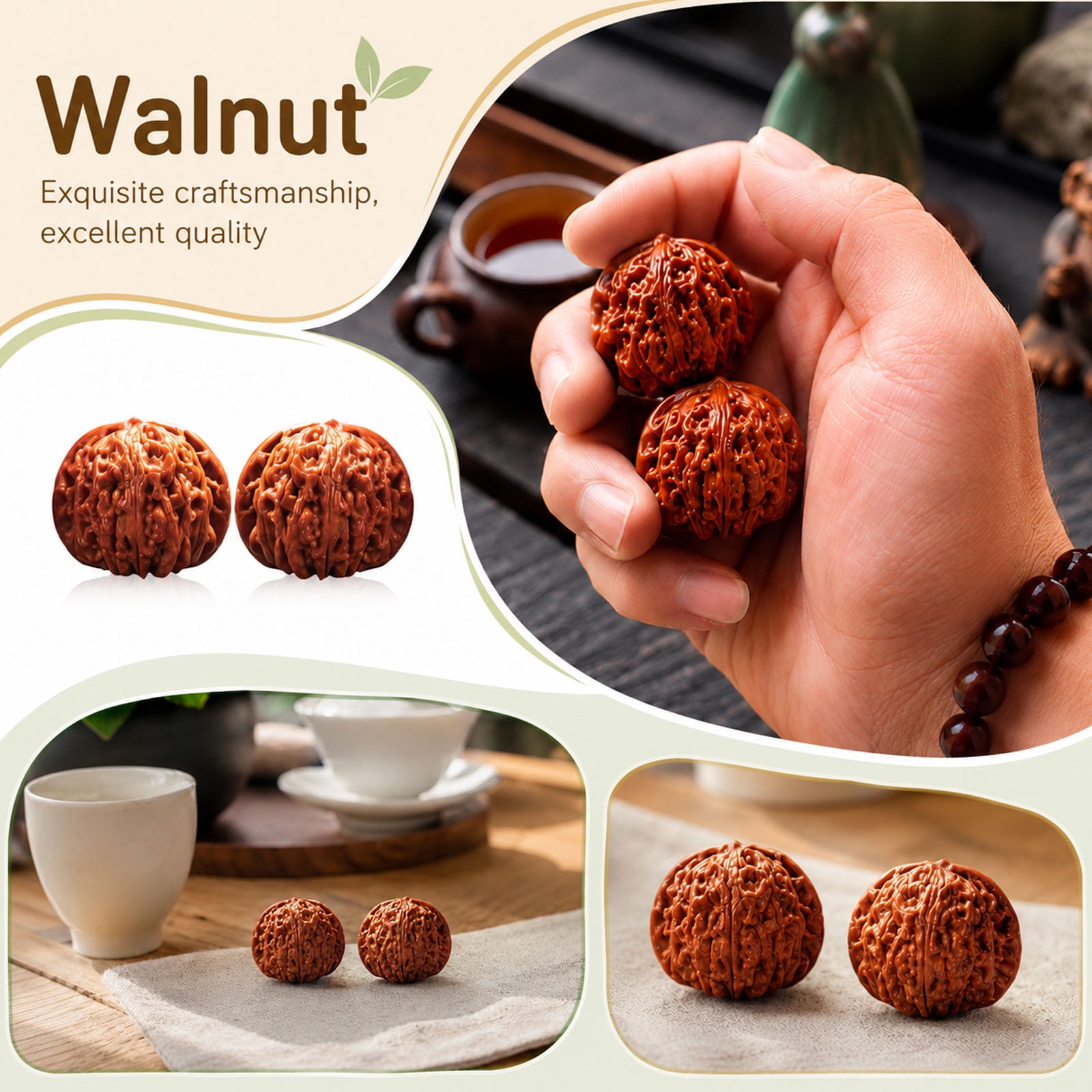 Dual Size Natural Wenwan Walnut Hand Therapy Balls, Solid Wood Textured Palm Massage Grip Balls, Stress Relief Hand Exercise Toy for Seniors & Office Workers
