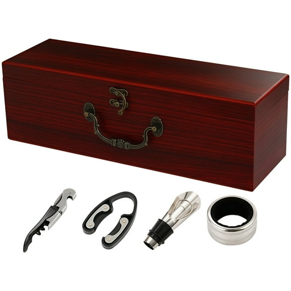 Wood Wine Box with Handle, Wooden Wine Bottle Box, Gift Box for Wine Bottle, Includes Corkscrew and Pourer, Ideal for Luxury Gifting and Safe Wine Shipping