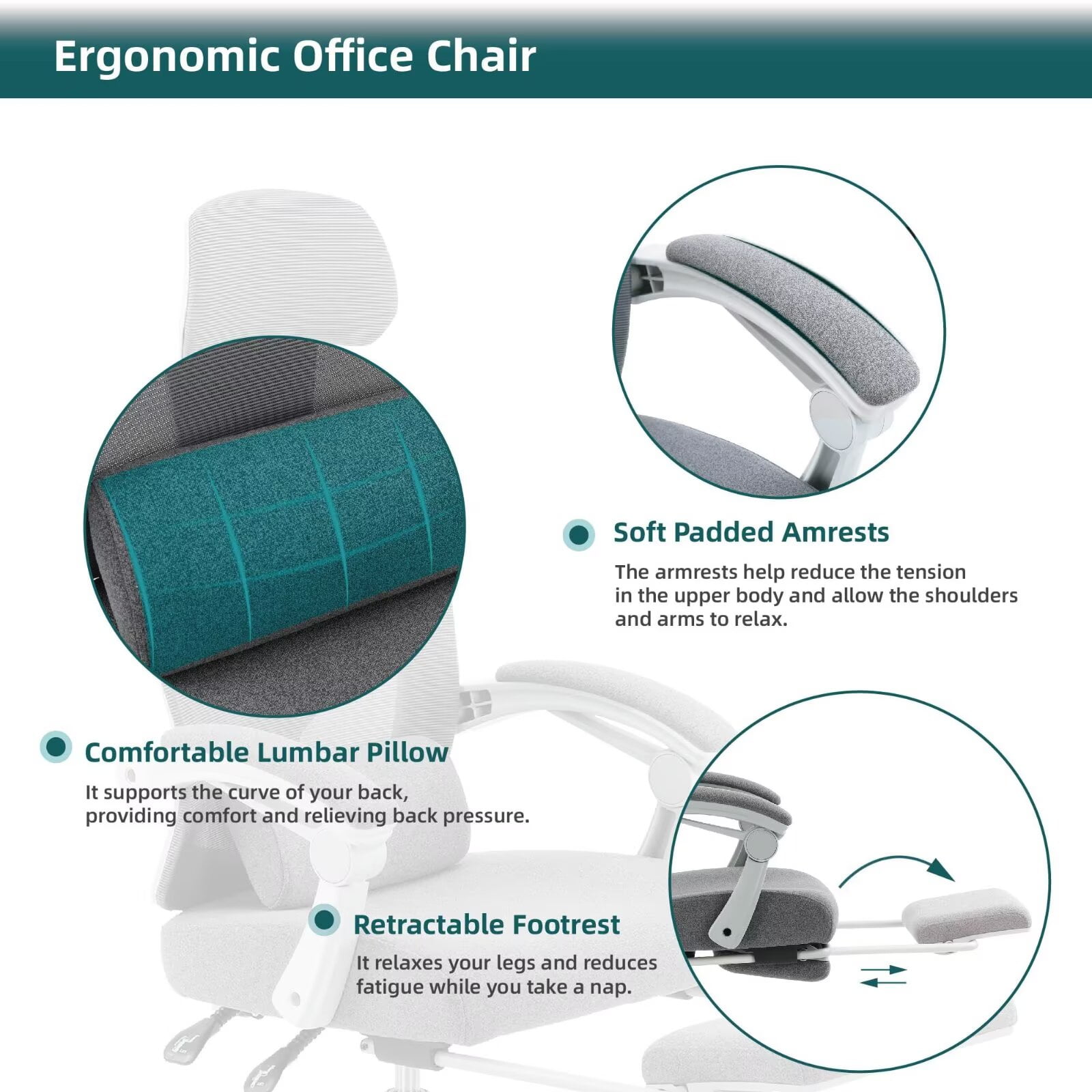 Simple Deluxe Retractable Footrest Ergonomic Swivel Office Chair with Lumbar Support Pillow and Padded Armrests, Grey