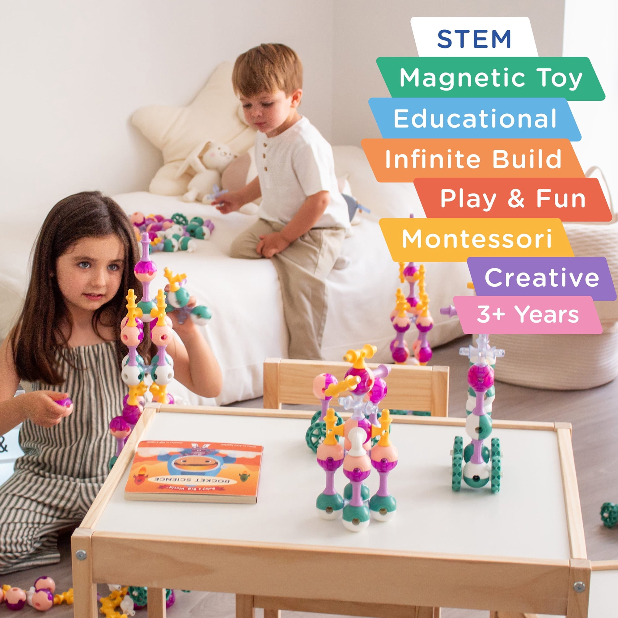 KUB Planet: Magnetic Building Set - Cosmic Soft - 55pc Space Color Construction Blocks, Click-Build-Play, STEM Educational Stacking Toy, Kids 3+