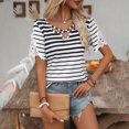 thumbnail image 2 of Blusas de Verano Ligeras para Mujeres Cuello en V de Manga Corta a Rayas con Encaje Costura, Top de Moda Casual para el Uso Diario, 2 of 9