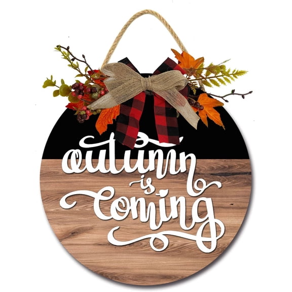 Eveokoki 11" Autumn Coming Wooden Door Sign, Welcome Front Door Plaque Hanger Home Decoration for Farmhouse Office Coffee Shop,Hanging Sign Board with Hanging String for Home Decor