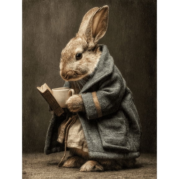 Reading Bunny Canvas Wall Art, Whimsical Rabbit Portrait, Rustic Farmhouse Living Room Decor
