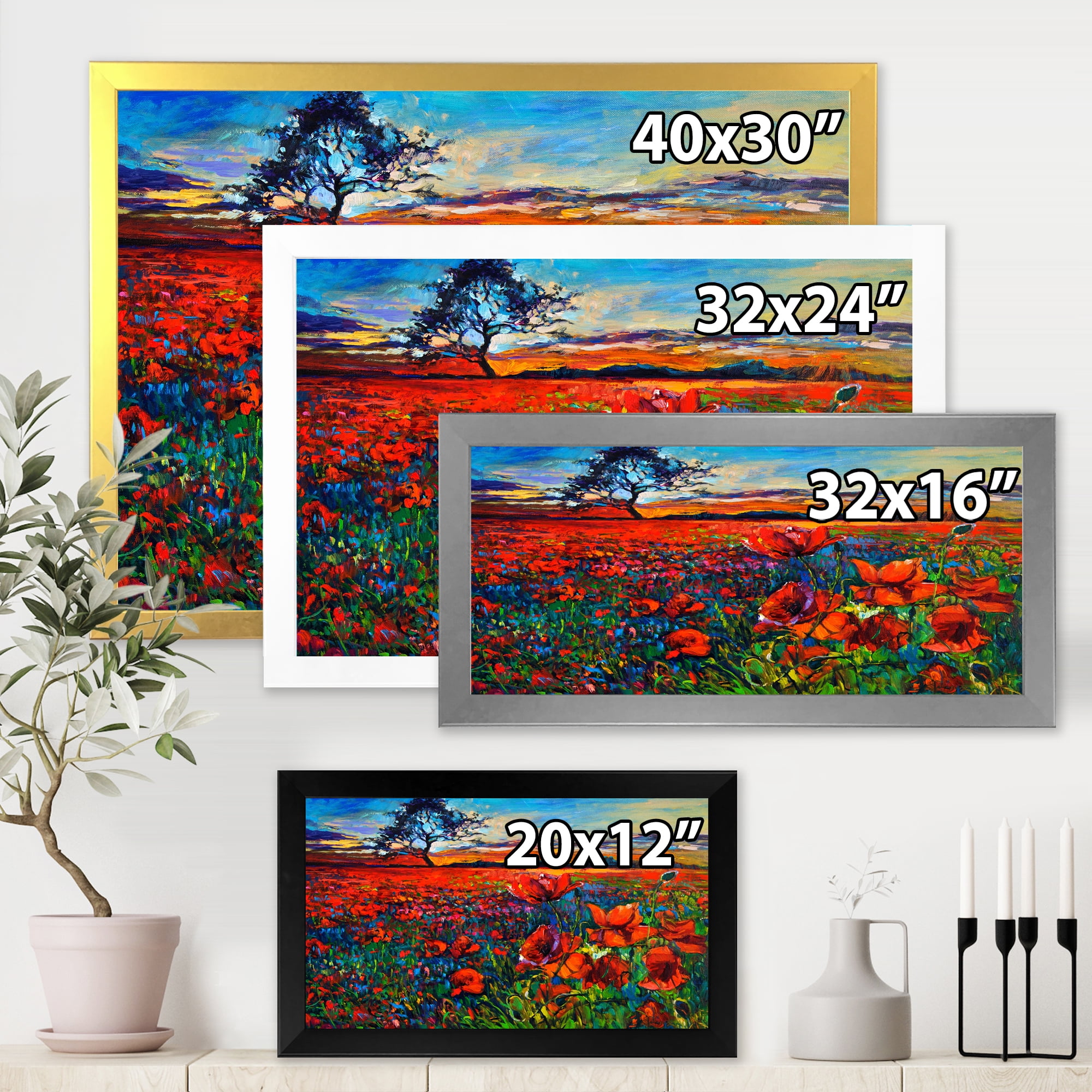 Designart 'Blossoming Red Poppy Fields With Distant Tree' Traditional Framed Art Print