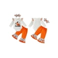 thumbnail image 2 of Loicainy Infant Baby Girl Halloween Outfit 3 6 9 12 18 Months Letter Pumpkin Print Crew Neck Long Sleeve Rompers Bell-Bottoms Pants Headband 3Pcs Clothes Set, 2 of 9