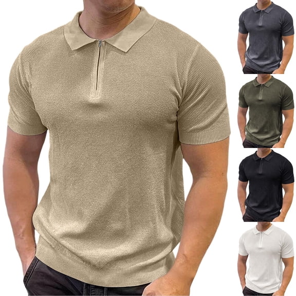 Mens Knit Polo Shirt Short Sleeve Textured Lightweight Casual Sweater Polo for Men Khaki