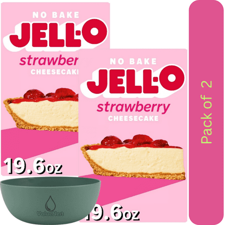 Jell-O No Bake Strawberry Cheesecake Dessert Kit 19.6 oz Box Pack of 2 with bowl by Value Nest