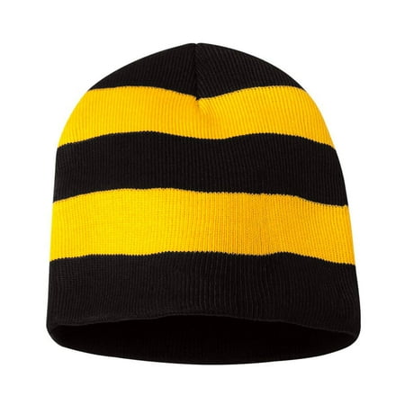 Dc Big Star Mens Beanie Knit Winter Rugby Striped Beanie Hats for Men & Women - Stay Warm & Stylish (Black/ Gold) ()