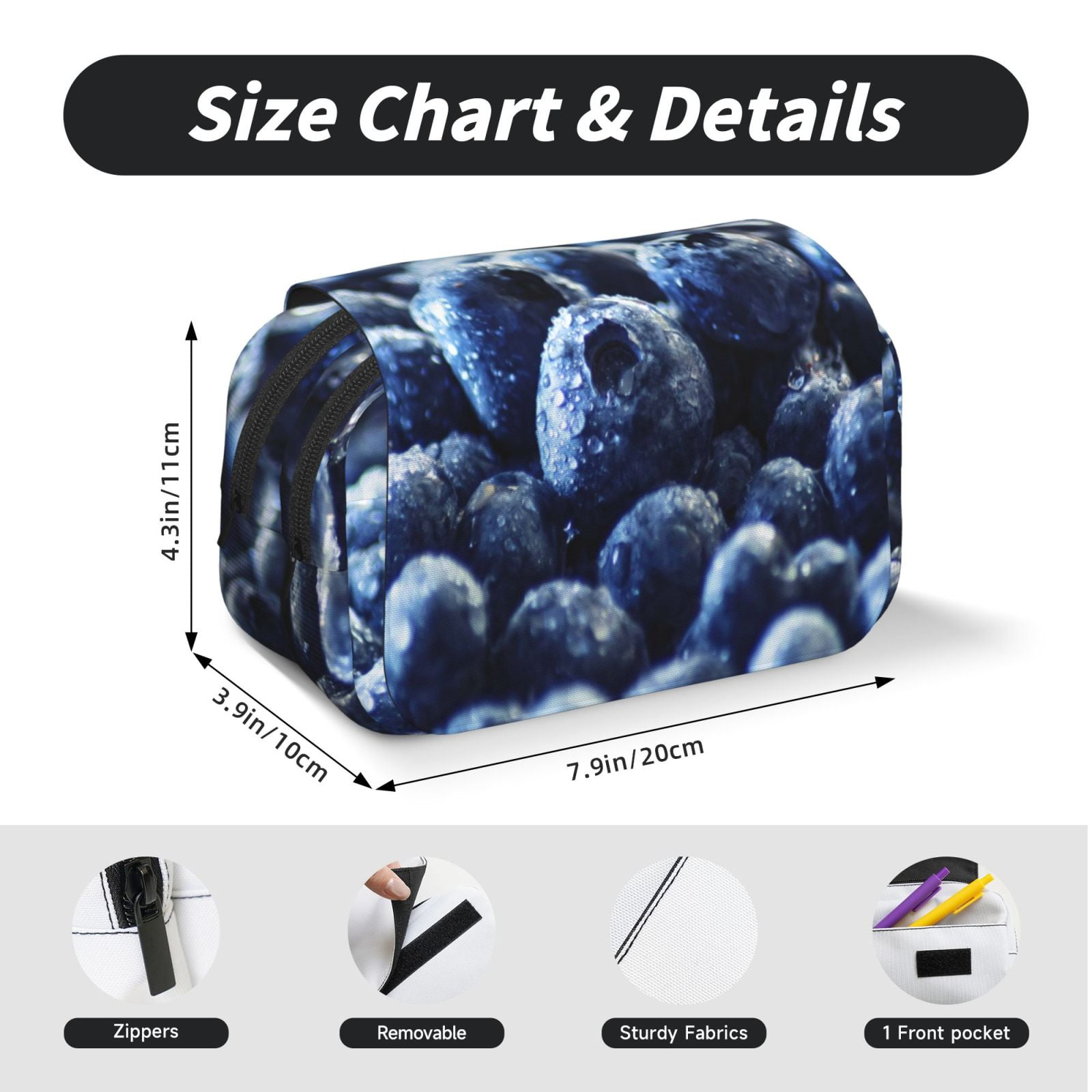 Rateoe Blueberry Pattern Double Clamshell Pen Case, Storage Organizer with Two Zipper Compartments– Holds Up to 50 Pencils & Pens