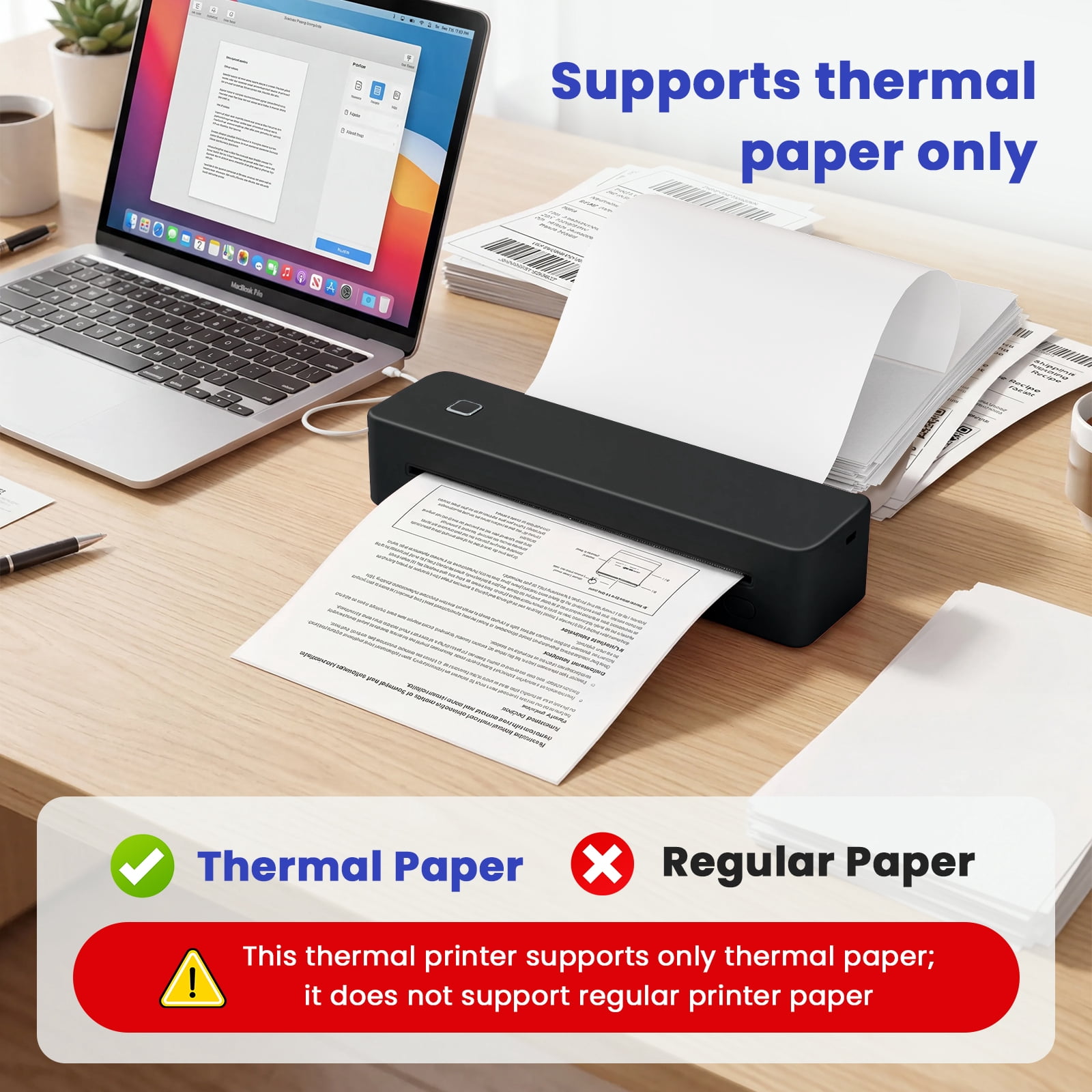 Thermal Printer for Travel, Supports US Letter, A4, A5, B5 Thermal Paper, Portable Wireless Inkless Phone Printer for Home Office, Compatible with Android iOS Phone & Laptop, Black