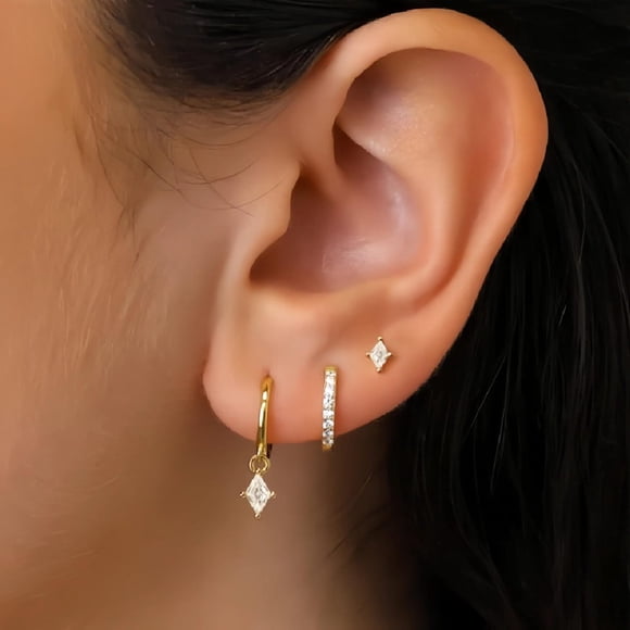 ATJIA 3 Pairs Earrings Set 14K Gold Plated Hypoallergenic Hoop Stud Earrings for Women with Sensitive Ears Dainty Stackable