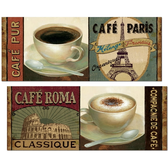 Lovely Cafe Paris and Cafe Roma Coffee Set by Daphne Brissonnet; Kitchen Decor; Two 18x8in Poster Prints