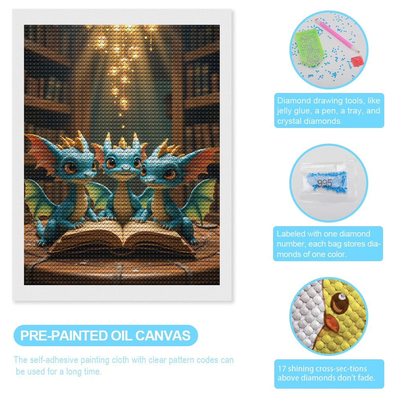 Diamond Art Kits for Adults, Cute Blue Dragons Reading Together 5D Diamond Painting Kits for Adults Beginners, DIY Full Drill Diamond Painting, Gem Art and Crafts 12x16
