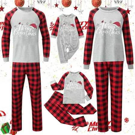 

GHSOHS Baby Boys Girls Romper Jumpsuit Christmas Pajamas for Family Plaid Letter Print Long Sleeve Sleepwear Matching Set 1-Piece