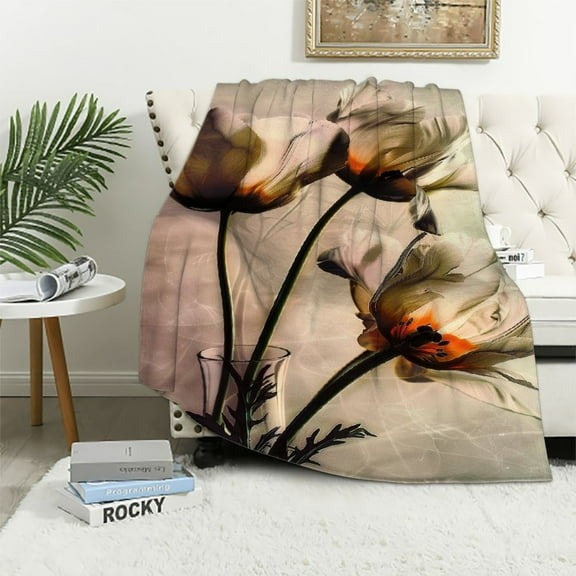 JEUXUS Brown Rustic Floral Flower Blanket Gifts - Soft and Durable Fleece Blanket White