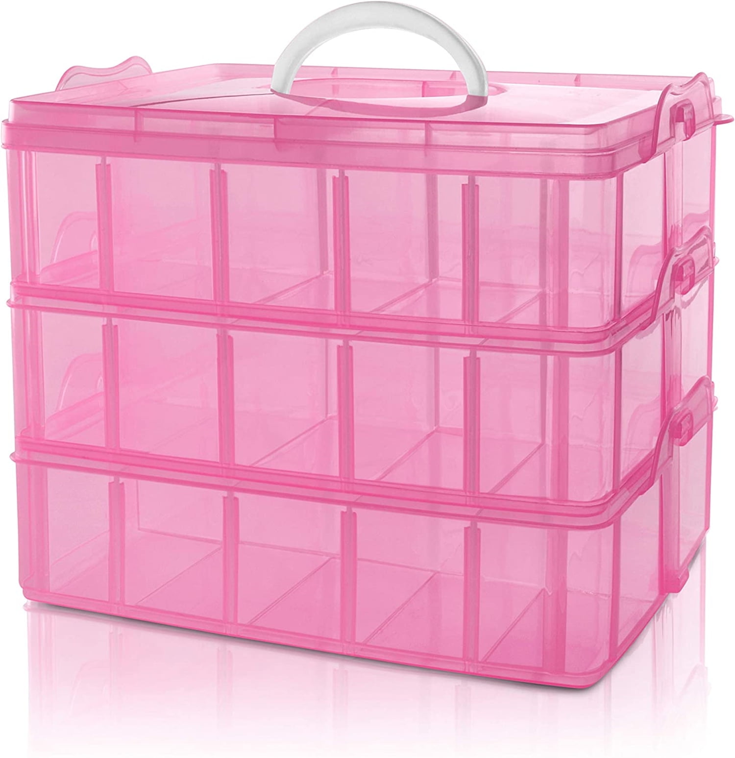 3-Tier Stackable Craft Organizers and Storage Box with 30 Compartments,Bead  Organizer,Plastic Storage Box for Toys,Dolls, Arts and Craft, Washi Tape,  Rock Collection, Ribbons,Pink 