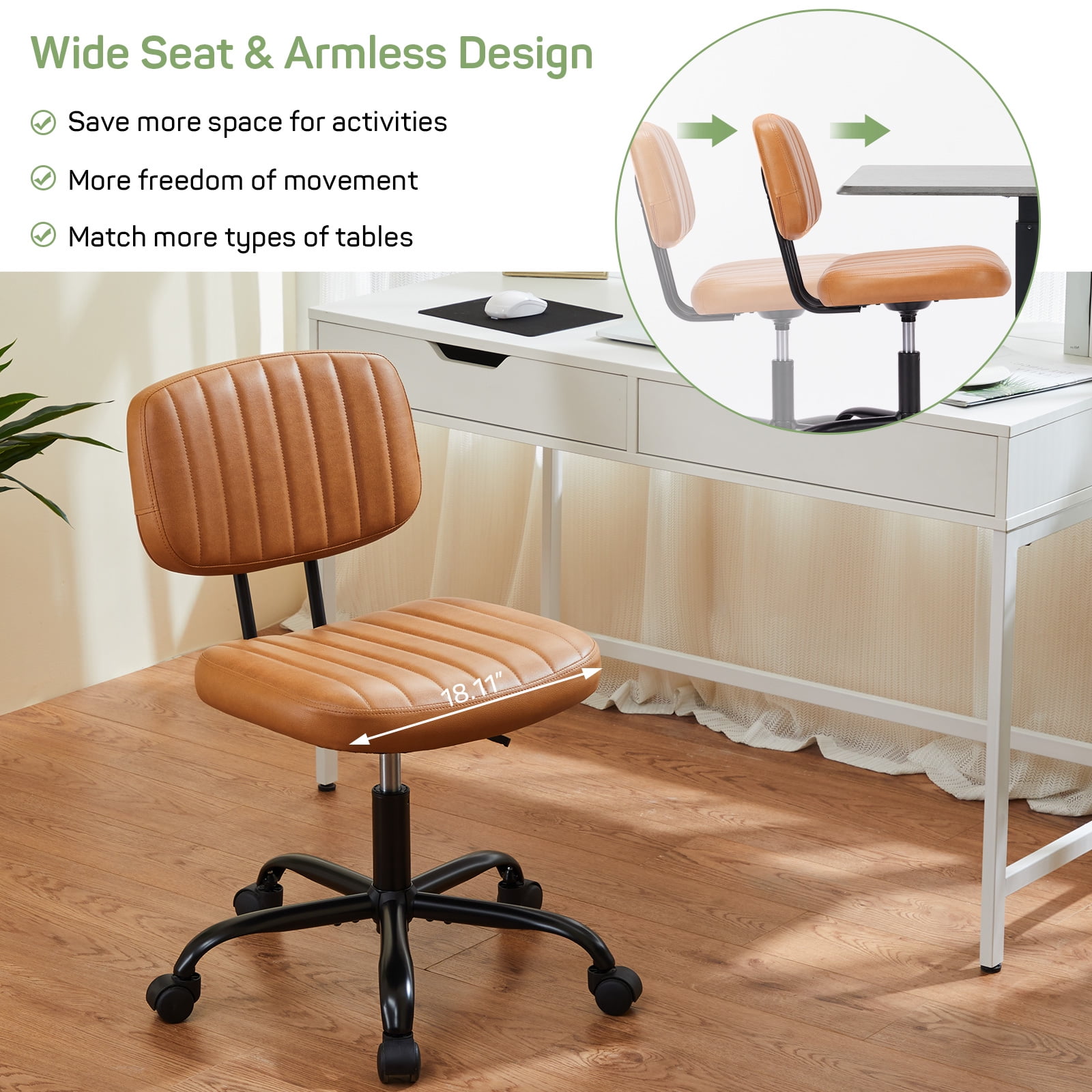 Aidoly Office Desk Chair, Armless Computer Chair with Lumbar Support, PU Leather Low Back Adjustable Height 360° Rolling Swivel Task Chair, Orange