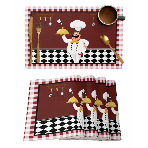 Placemats Set of 4, Fat Chef Woven Placemat, Linen Place Mats for Kitchen/Dining Tables, Red Gourmet Kitchen Red Black Buffalo Plaid Washable Table Mats for Party