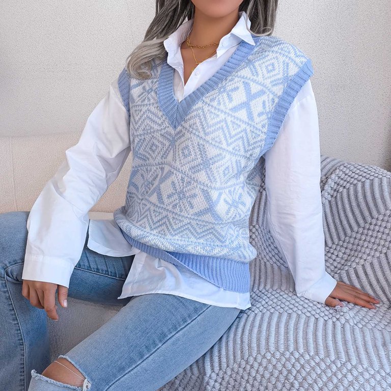 XFLWAM Women Cute Heart Plaid Print Sweater Vest V Neck Color Block  Sleeveless Pullover Knit Tank Top Light Blue-1 M