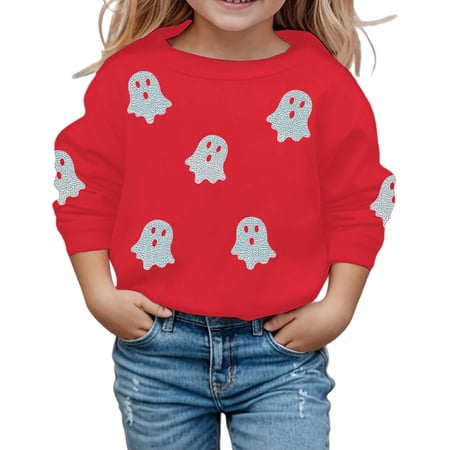 SJLDQY Halloween Sweatshirts for Kids Hallowmas Ghost Graphic Long Sleeve Crewneck Sweatshirt Fall Winter Fleece Lined Casual Pullover Tops