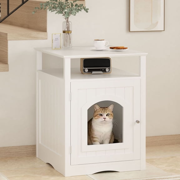 S-HOME White Wooden Cat Litter Box Enclosure Furniture with Hidden Storage Shelf for Modern Living Rooms or Bedrooms