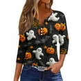 thumbnail image 2 of Women's Cute Halloween Shirts Pumpkin Ghost Print 3/4 Sleeve Tops Henley V Neck Graphic Tees Fall Shirt, 2 of 5