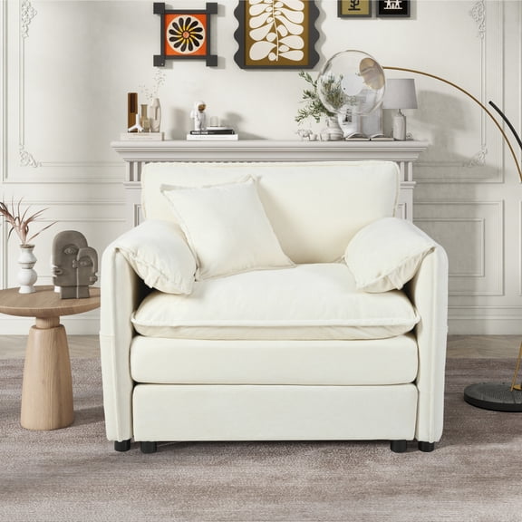Oversized 41.73" Deep Seat Sofa Chair Beige Chenille Upholstered Modular Armchair with Toss Pillow DIY Combination for Living Room Apartment