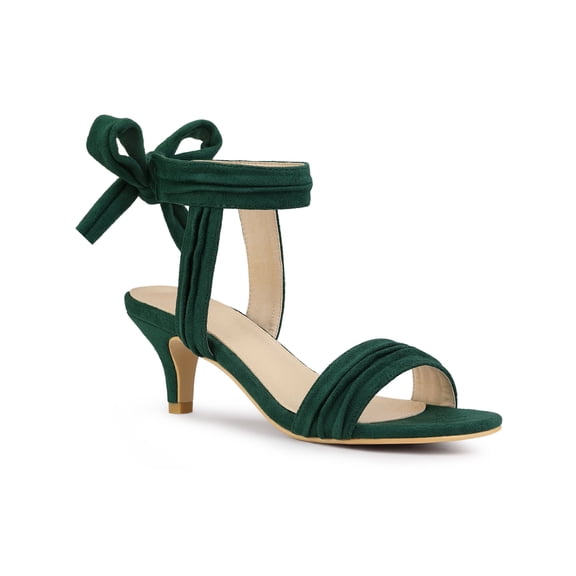 BLISSFUL STEP Women Open Toe Ankle Bow Tie Mid Heels Sandals Dark Green 10