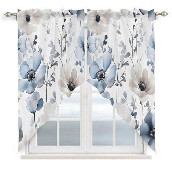 Blue Grey Spring Floral Kitchen Window Curtains, Swag Curtains Valance for Bedroom Living Room Bathroom, Summer Flowers Botanical Rod Pocket Window Treatment Curtain Block Drapes 2 Panels 36"x45"
