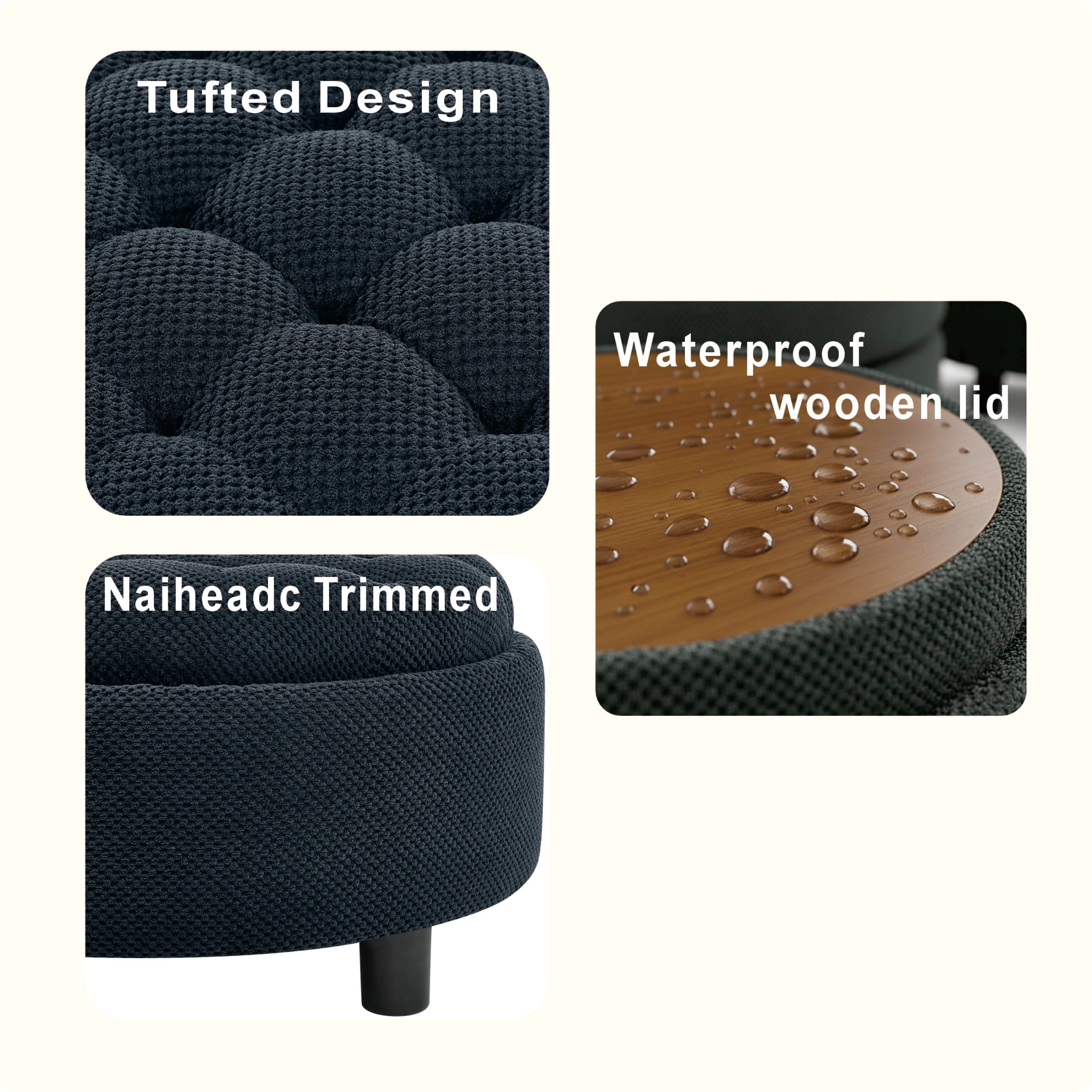 Noble House 25" Round Storage Ottoman with Removable Tray Top, Upholstered Coffee Table, Black