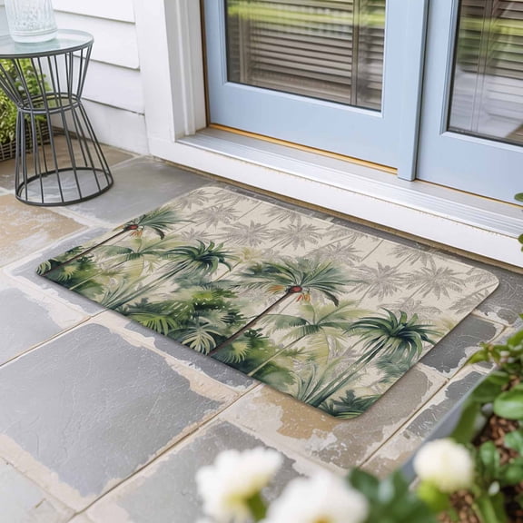 Summer Tropical Leaves Door Mat Indoor Outdoor, Green Palm Trees Botanical Non Slip Welcome Mat with Rubber Backing, Absorbent Fabric Front Door Mats Entryway Rug for Home Patio Entrance 20"x31.5"