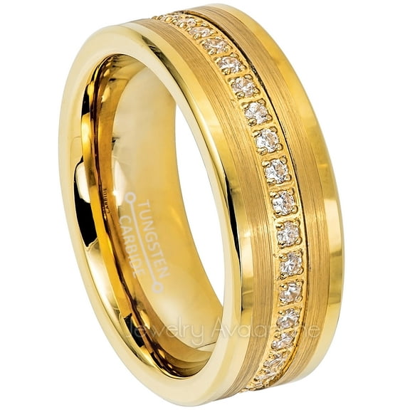Jewelry Avalanche Mens Yellow Gold Plated Tungsten Eternity CZ Wedding Ring, Pipe Cut, 8mm Anniversary Band